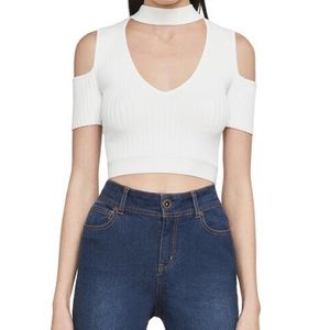 BCBG Maxazira Petral Cold-Shoulder Crop Top